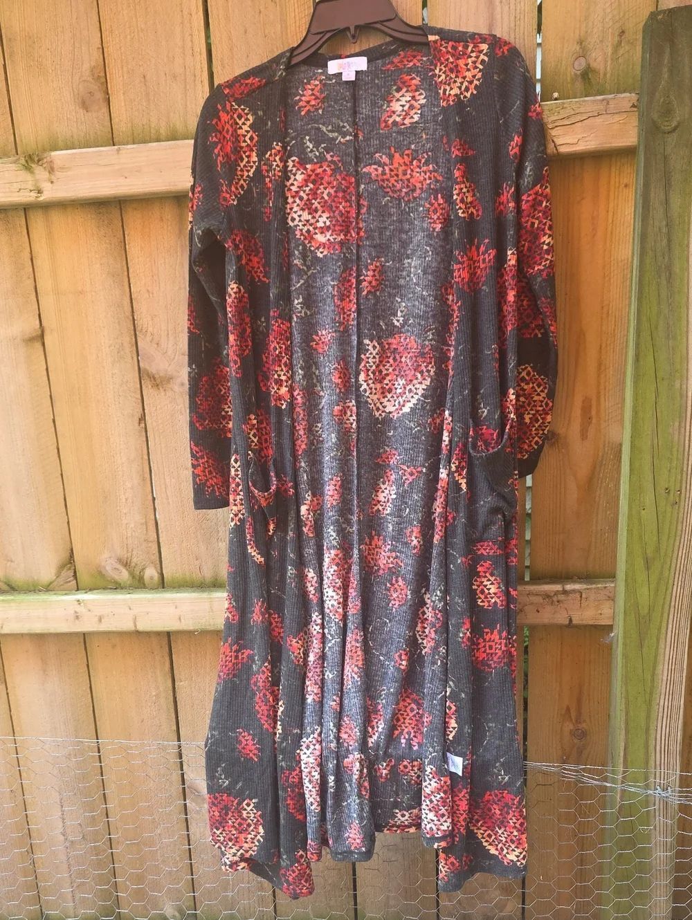 LuLaRoe Gray Ribbed Cardigan with Subtle Red and Green Accents